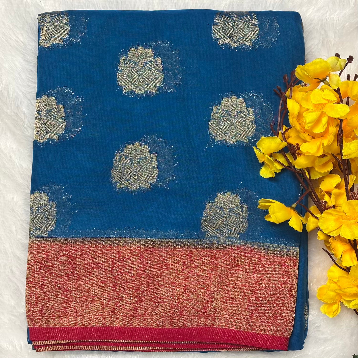 Blue n Red big butta soft chiffon saree