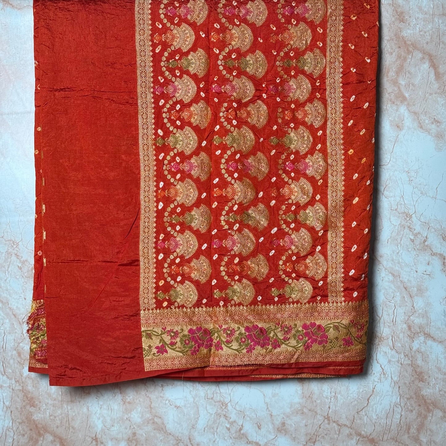 Rust Orange Handmade Bandhej Saree