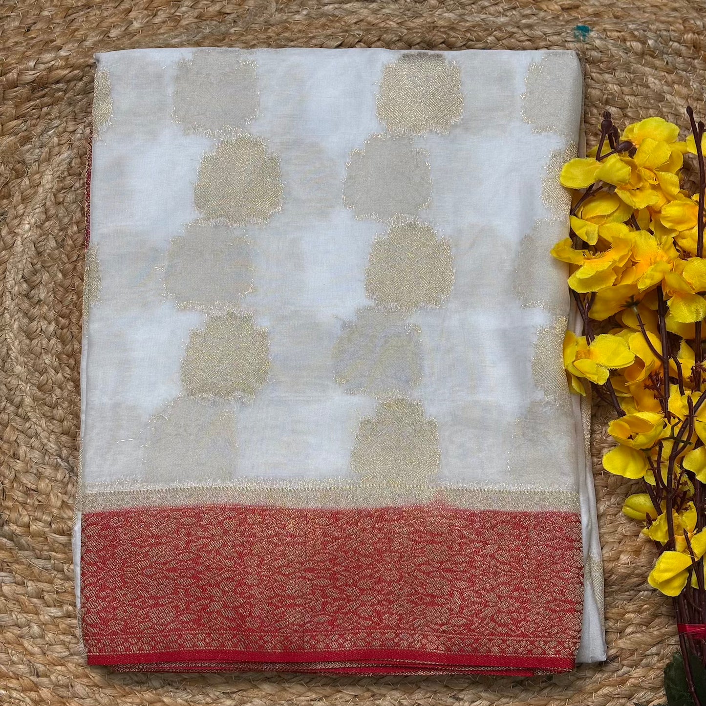 White n Red big butta soft chiffon saree