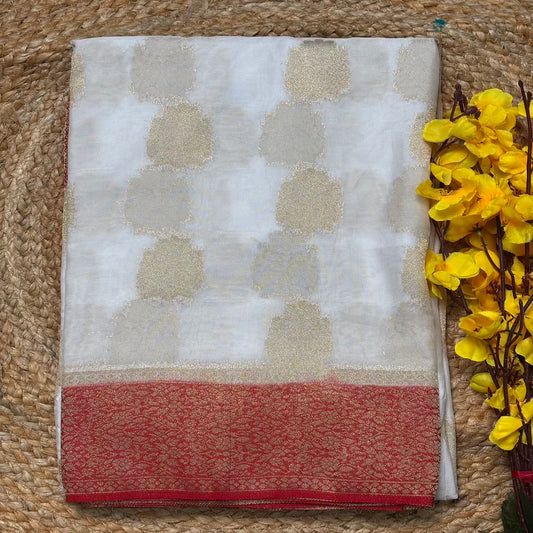 White n Red big butta soft chiffon saree
