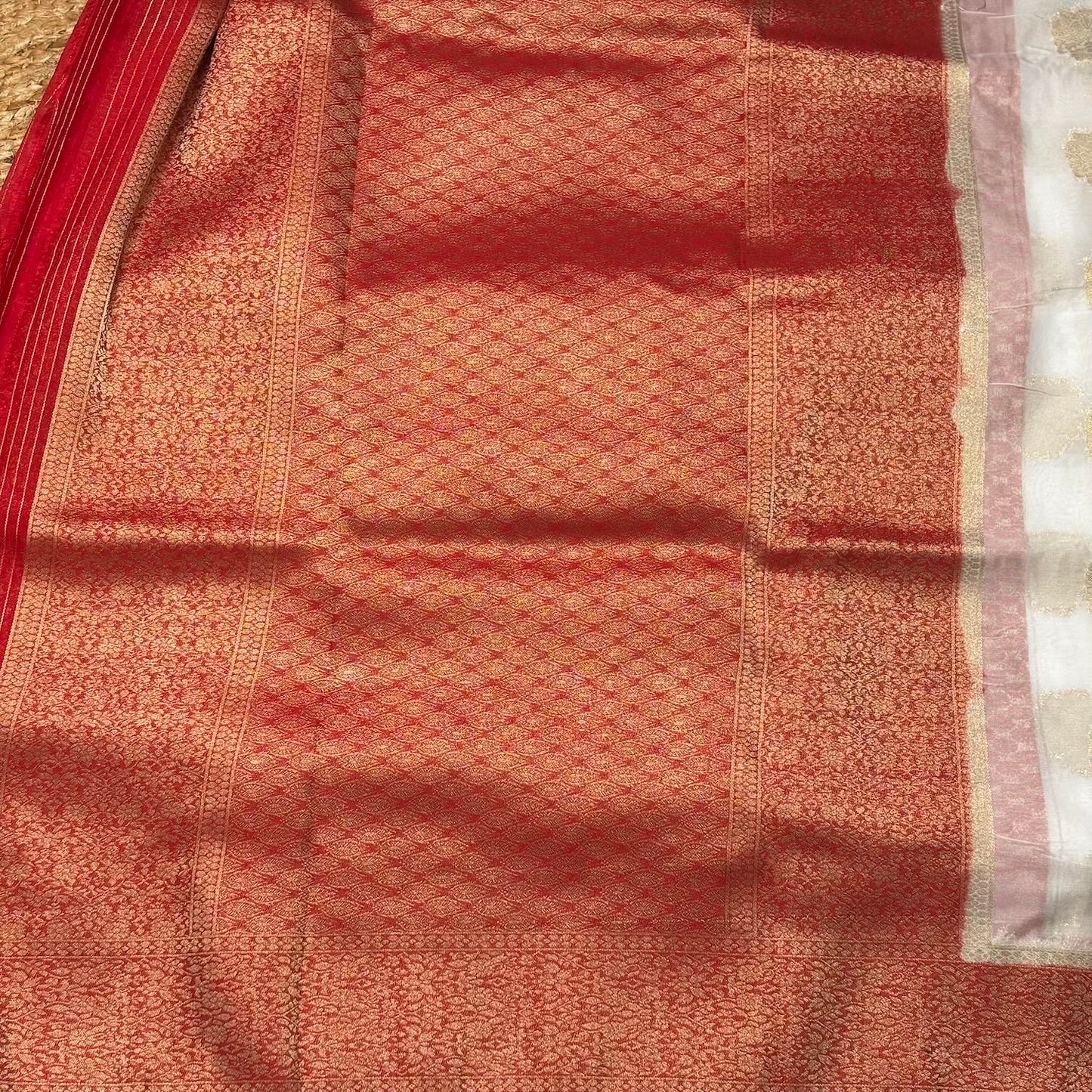 White n Red big butta soft chiffon saree