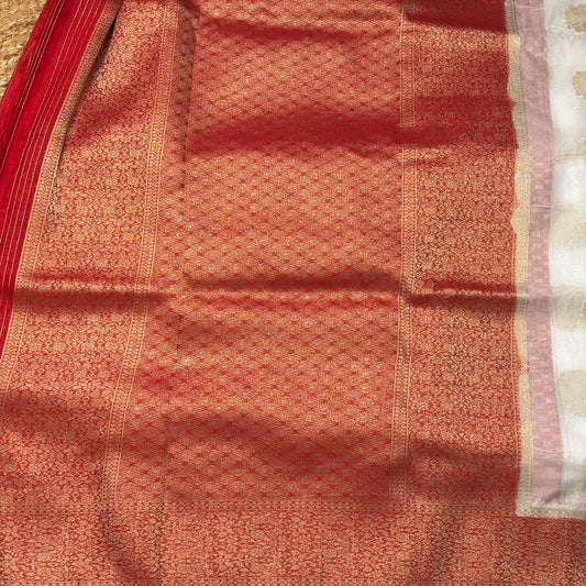White n Red big butta soft chiffon saree