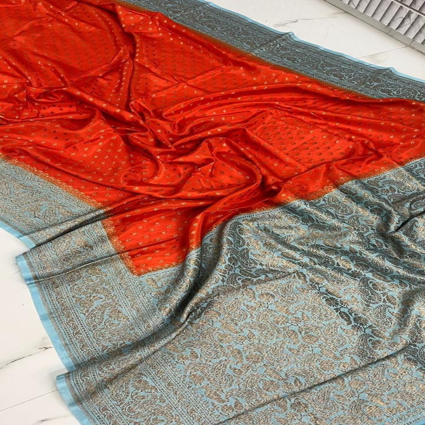 Orange n Sky Blue pure Banarasi Chiffon silk saree