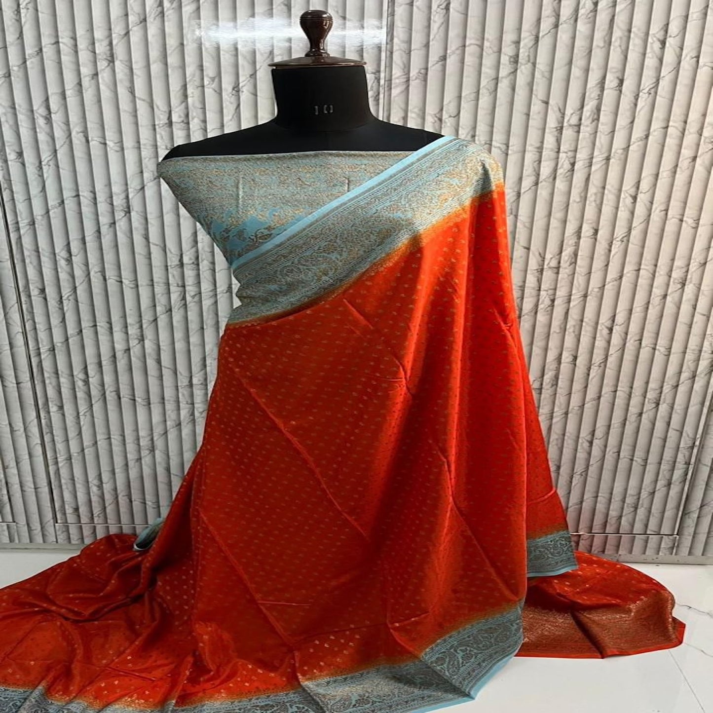 Orange n Sky Blue pure Banarasi Chiffon silk saree